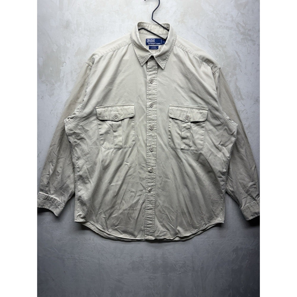 Vintage Polo Ralph Lauren Sierra Shirt Mens Large Beige Button Up Long Sleeve 90